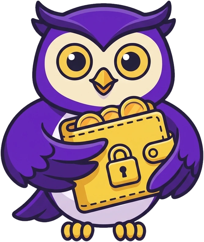 The Holdipay owl hugging a padlocked wallet of coins